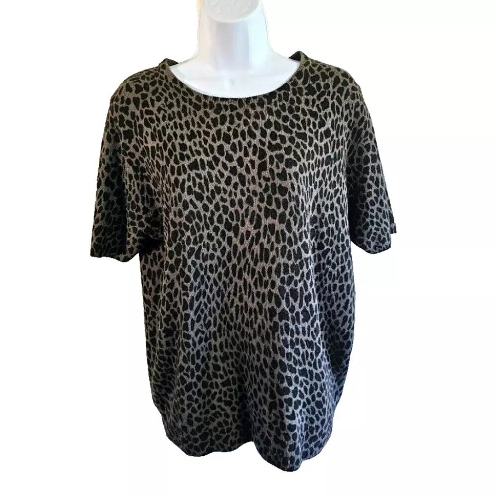 SAG HARBOR XL VINTAGE 90'S BLACK CHEETAH LEOPARD PRINT SCOOP NECK SS BLOUSE